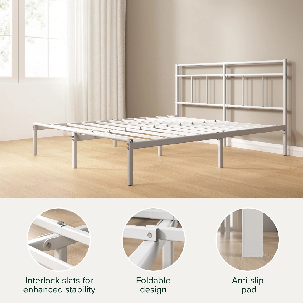 Detail sandaran kain empuk pada ranjang besi Zinus Geraldine