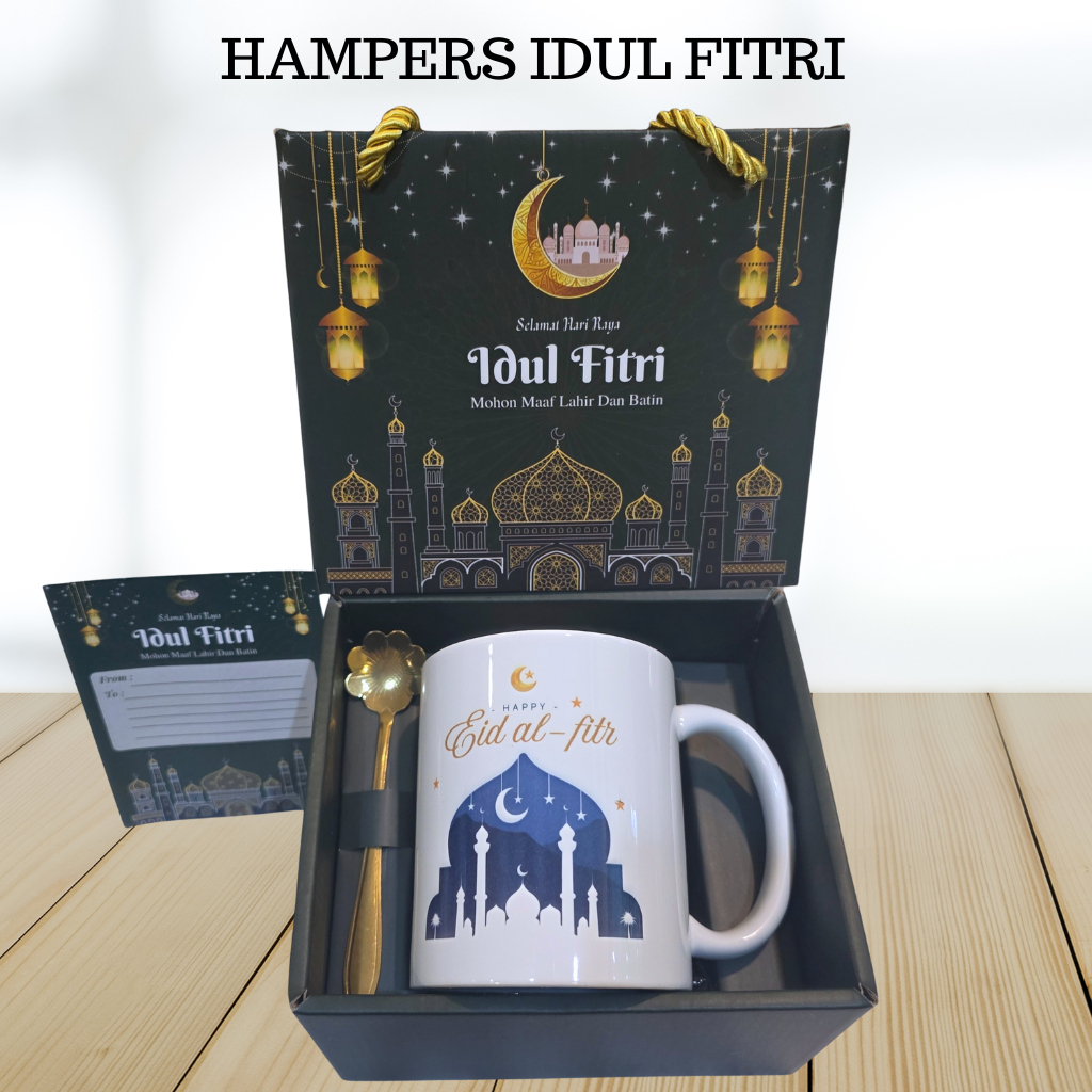 HAMPERS LEBARAN Mug Idul Fitri Eid mubarak / Mug Keramik Set dengan Sendok