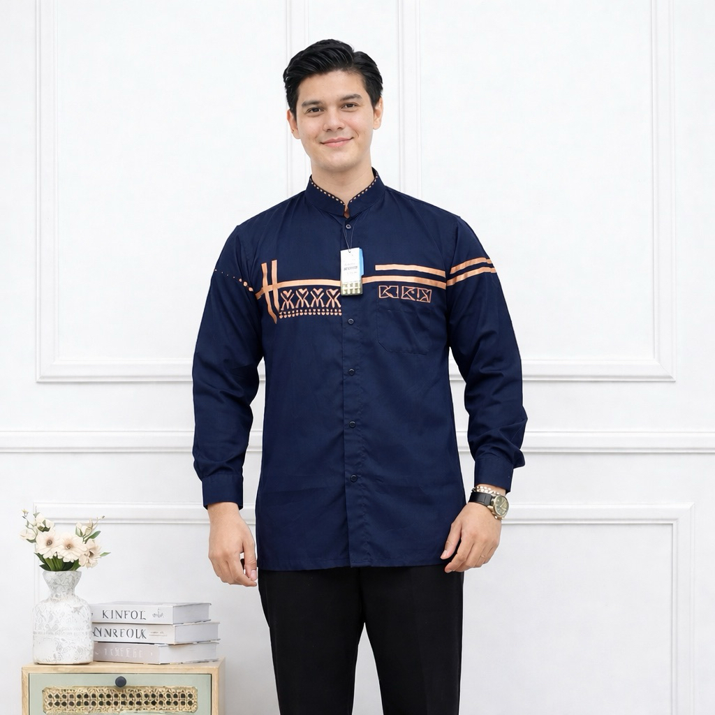 ZNY Baju Koko Pria Dewasa Kemeja Koko Lengan Panjang Motif Zolied