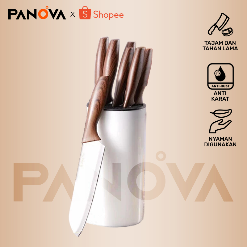 PANOVA Kitchen Knife Set 9 Pcs Serbaguna: Pisau Dapur Super Tajam Stainless Steel untuk Daging, Sayur, Buah - Anti Karat, Gagang Premium & Holder BKE31107