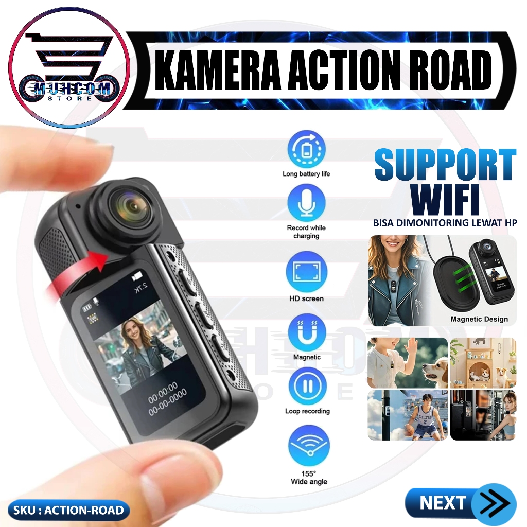 Jual ACTION-ROAD Kamera Aksi 180° Rotasi 2.7K UHD WiFi Magnetik 12MP ...