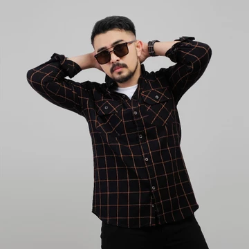 DGM Kemeja Flanel Pria Lengan Panjang Hitam Kotak Navy Garis Kuning Kemeja Pria Flanel Pria