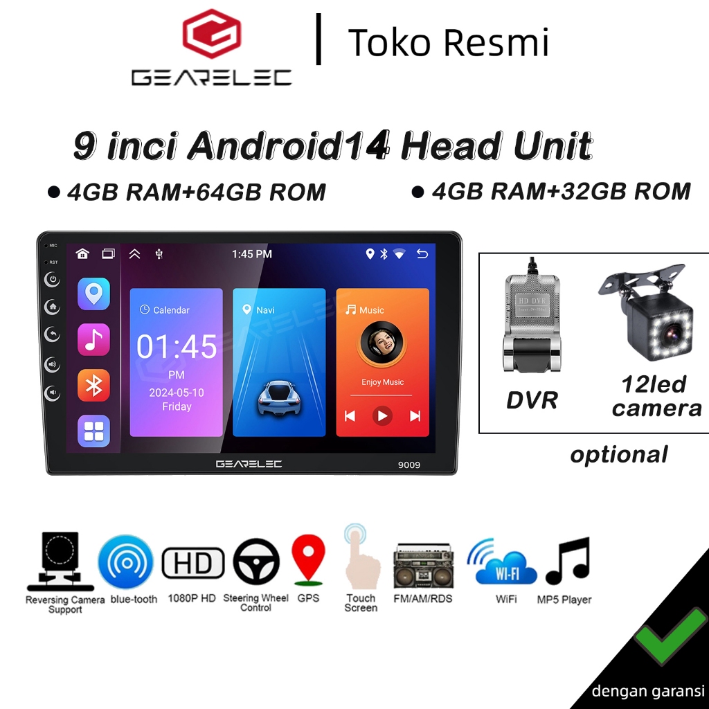 GEARELEC Double Din Universal Android14 Head Unit 9inci 4+64G Support GPS/Youtube/WIFI/48 Tema