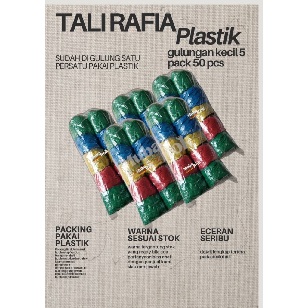 Jual Tali Rafia 5 pack isi 50 pcs gulungan kecil bahan plastik | Shopee ...