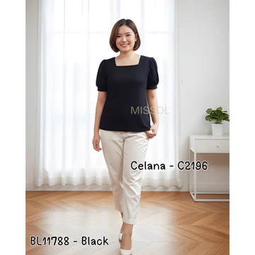BL11788 Blouse Wanita Scuba Tangan Pendek Motif Polos Casual 11788