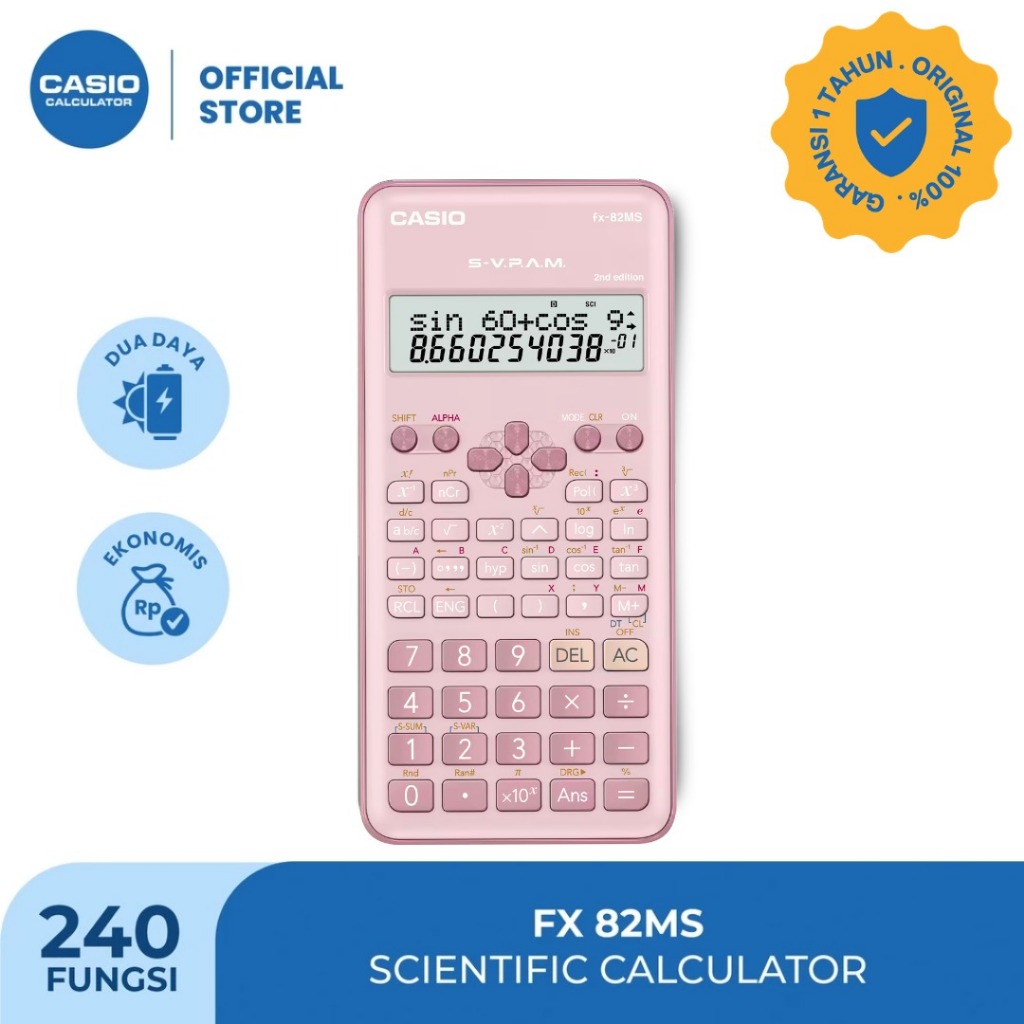 Casio Scientific Calculator FX-82MS - Kalkulator Sekolah/SMA/SMK/Kuliah - Scientific/Saintifik - 240 fungsi Resiprokal Fungsi Pecahan Statistik Trigon