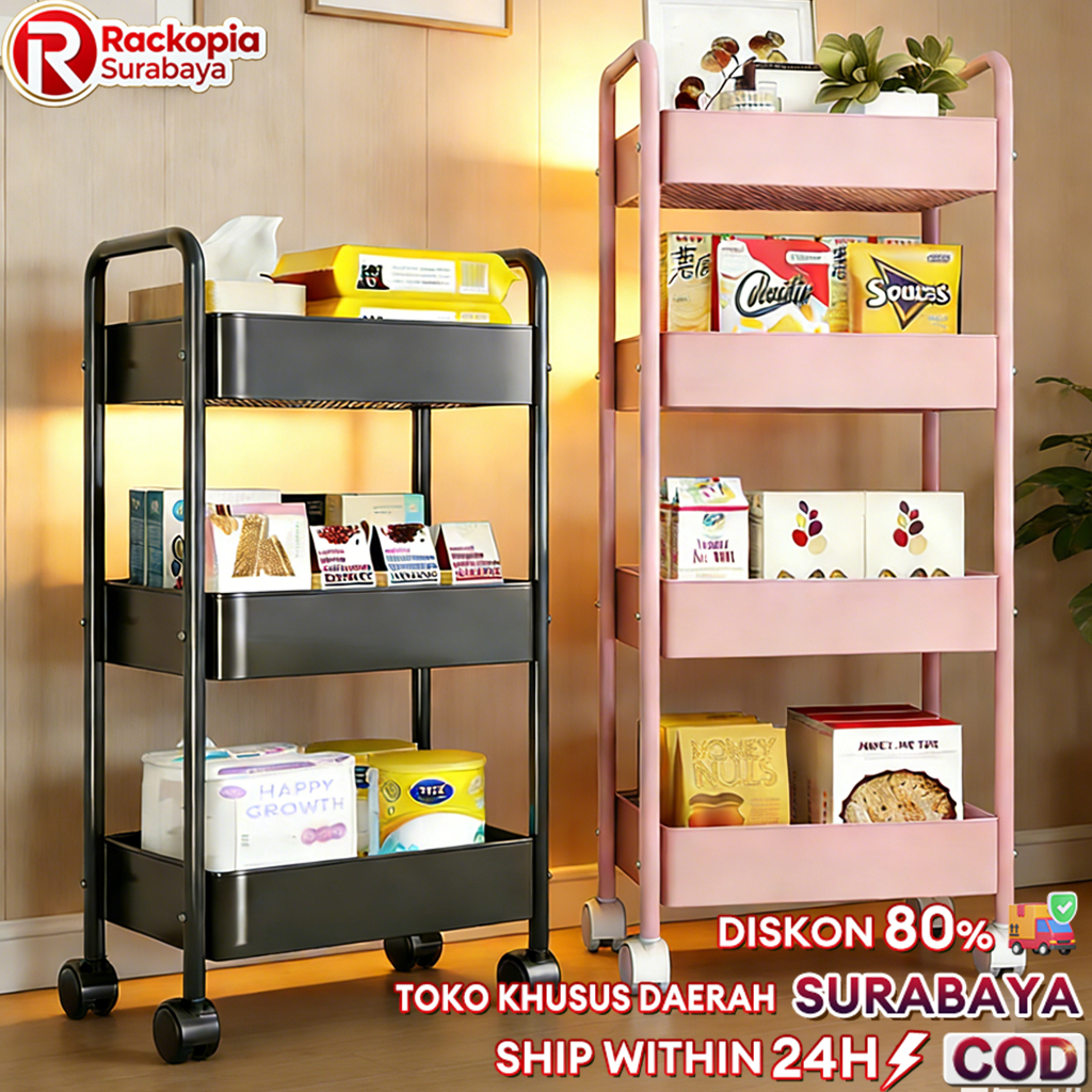 Jual Rak Troli Beroda 3-4 Susun Besi Putih Hitam Biru Pink Dengan Box ...