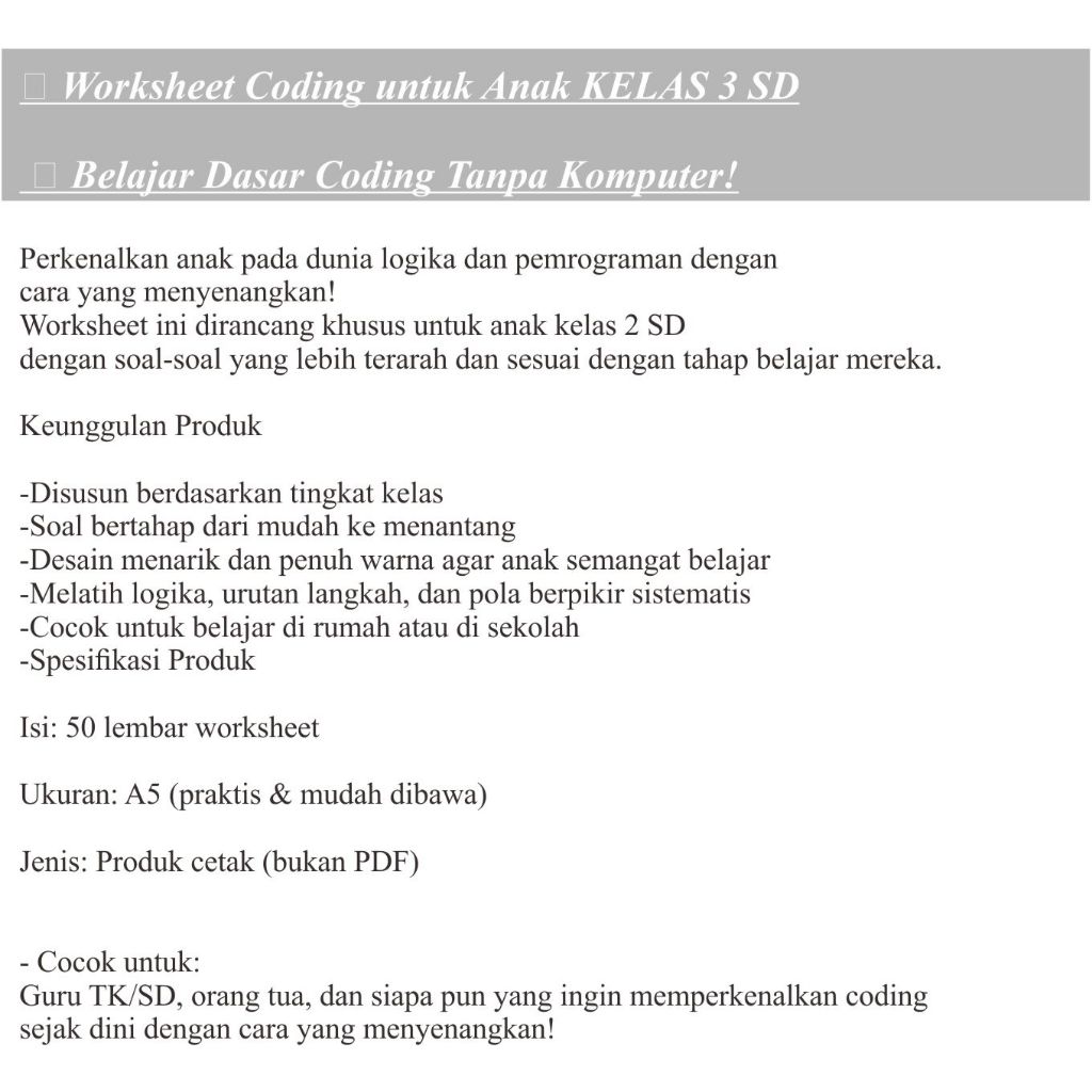 Jual WORKSHEET CODING ANAK KELAS 3 SD ISI 50 LEMBAR | Shopee Indonesia