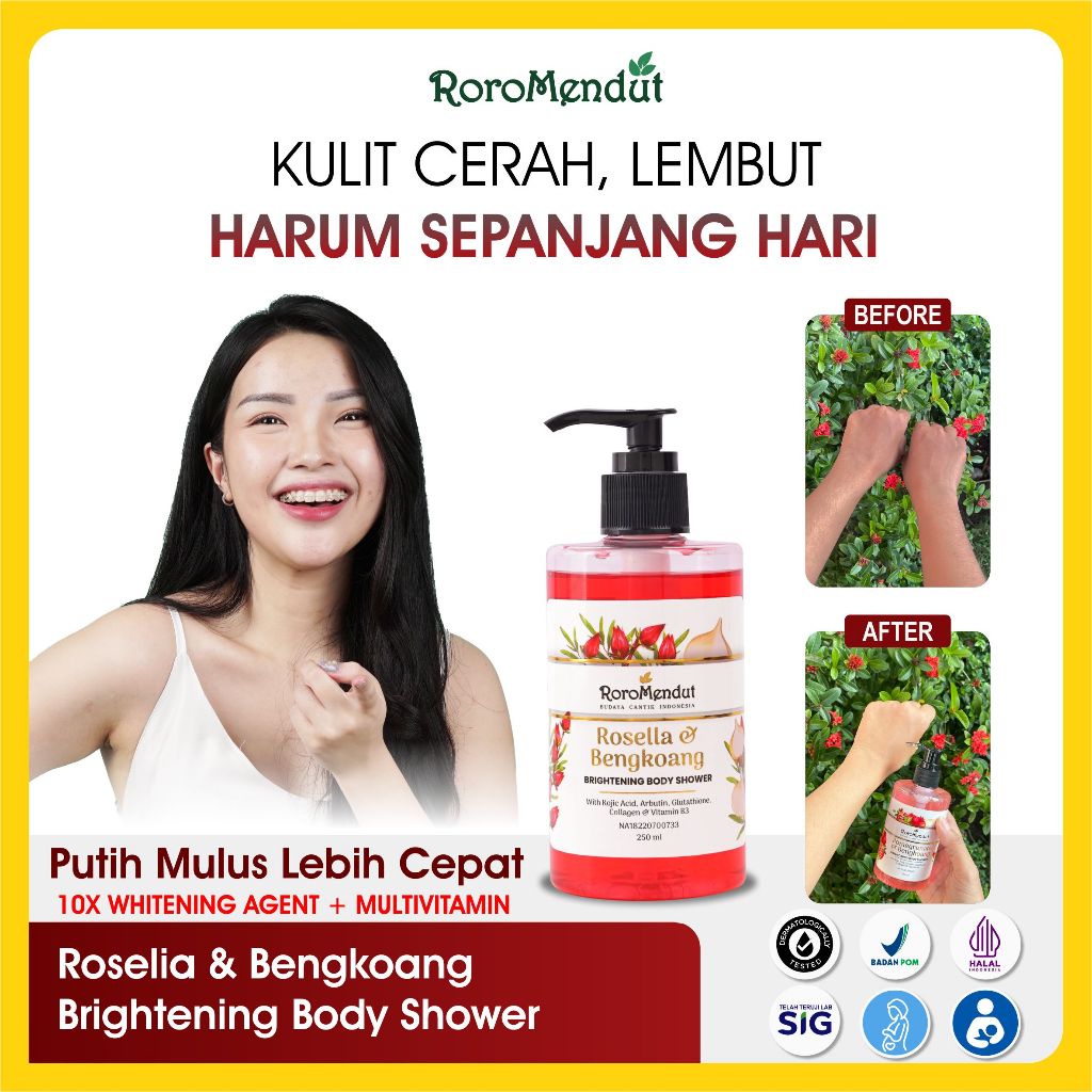 Jual RORO MENDUT Rosella & Bengkoang Kojic Acid Glutathione Collagen Brightening Body Wash 250 ML BPOM HALAL Shower Gel Sabun Mandi Whitening Soap Pemutih Dosis Tinggi Bleaching AHA Peeling Kulit Badan Tubuh