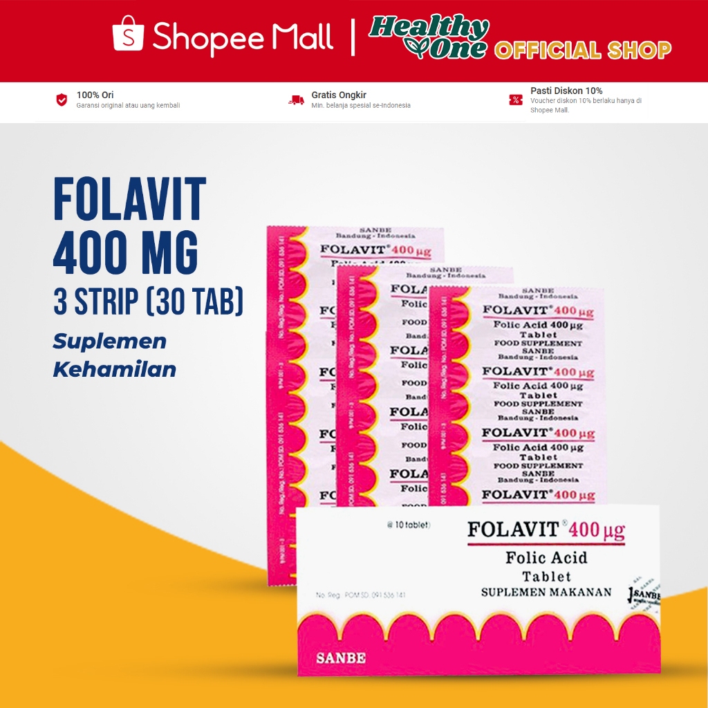 Folavit 400 Mg 3 Strip Isi 30 Tablet / Suplemen Kehamilan Asam Folat / (1 Strip @ 10 Tablet)