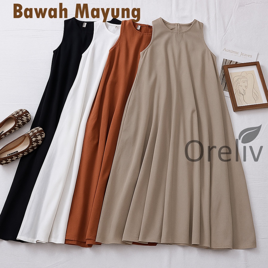 (LEBAR MAYUNG) Inner Dress Wanita Polos Toyobo Tanpa Lengan Sleting Depan Gamis Kutungan Gamis Polos Terbaru Kekinian by Oreliv