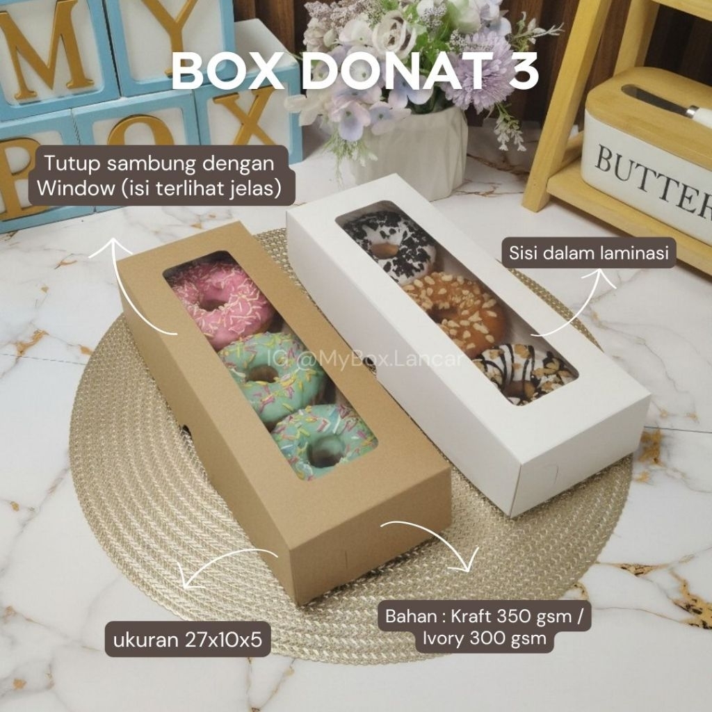 Jual (Min 25 pcs) 27x10x5 SNACK BOX DONAT 3 LAMINASI window IVORY KRAFT ...