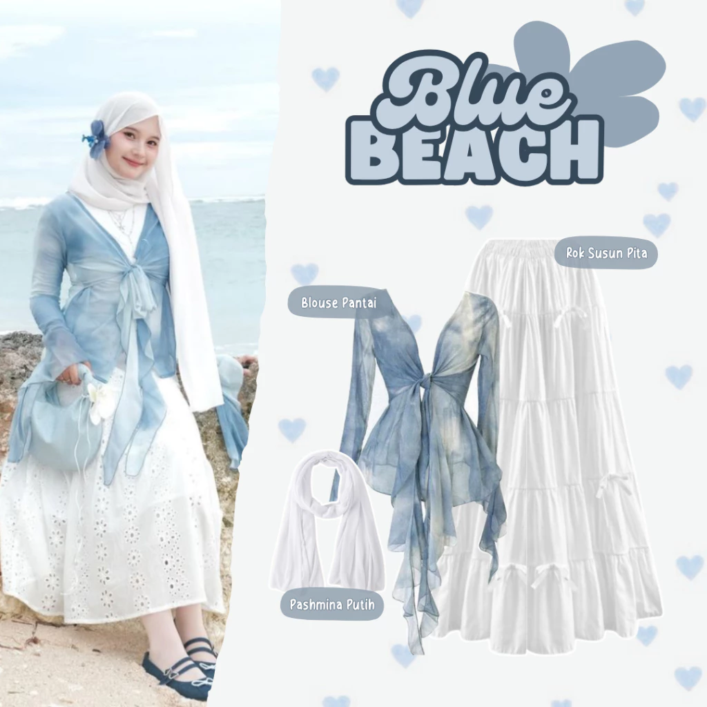 sharenaoutfit - 3 IN 1 One Set OOTD Pantai Hijab Kekinian Outfit Pantai (Outer + Rok Susun Pita + Hijab) - SET AE361