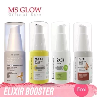 MS GLOW ELIXIR BOOSTER / DUAL RETIGLOW / MAXI ROYAL VITAMIN C / ACNE ZONE / NIACINAMIDE / RETINOL Elixir Booster MS GLOW Mencerahkan Wajah, Menyamarkan Kerutan dan Garis Halus Wajah, Menyamarkan Noda Hitam Bekas Jerawat, Retinol untuk Jerawat