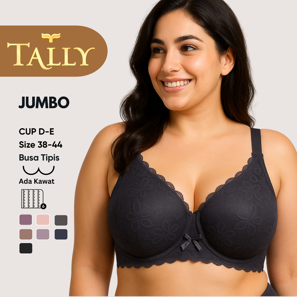 TALLY Bra Ada Kawat Busa Tipis Bahan Renda Katun Cup D - E Kait 3/4/6 Bra Wanita JUMBO BH 7391 / 7392 / 3299 /3613 Sarwendah