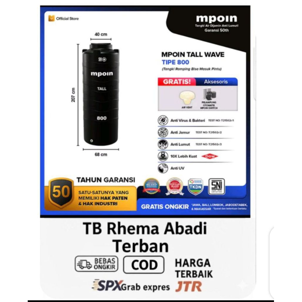 Jual TANDON MPOIN TALL WAVE TIPE 800 ATAU EFEKTIF NYA 750 LITER TANGKI ...