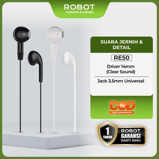 ROBOT Earphone Kabel In Ear Driver 14mm Suara Jernih HD Bass Nyaman Dipakai Lama Kabel Fleksibel Jack 3.5mm Musik Gaming Telepon Anti Kusut Kualitas Premium Stereo Audio Jelas Powerful Terbaik RE50