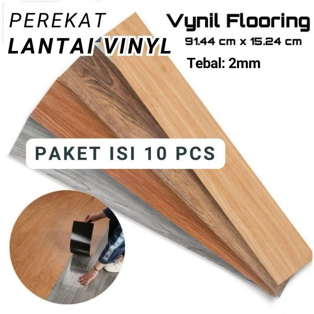 PAKET 10 LEMBAR Lantai Vinyl Stiker Perekat Vinyil Lantai Kayu PVC Ubin Lantai Premium 91.4cmX15.2cmX1.2mm
