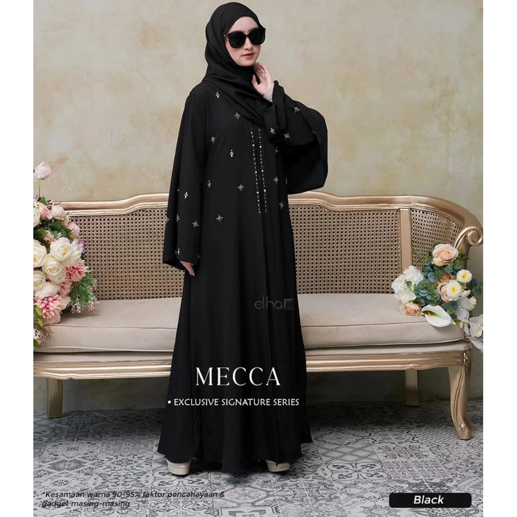 Abaya Mecca Dress premium Bahan Ceruty Babydoll Full Puring Payet Mutiara Mewah Gamis Hari Raya