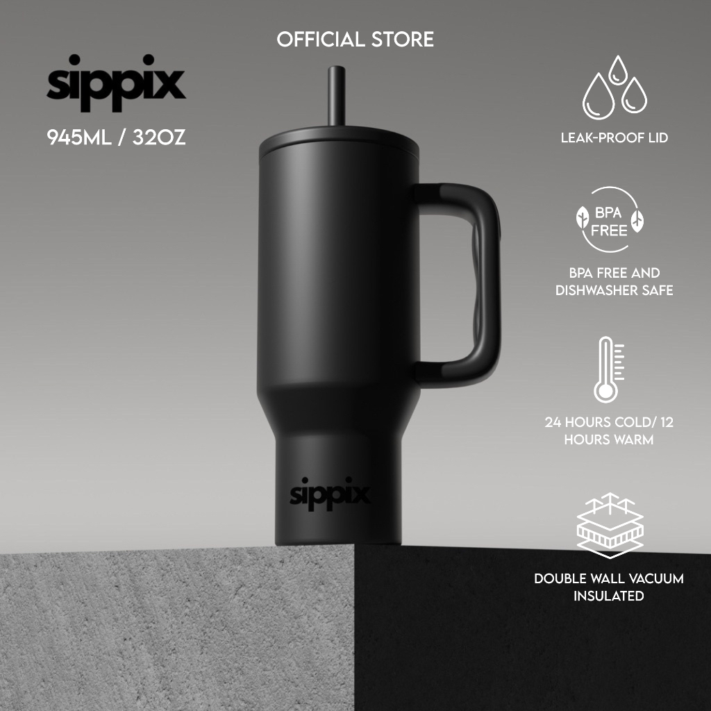 Jual SIPPIX Black Tumbler Portable Stainless 945mL Thermos Cup Vacuum ...