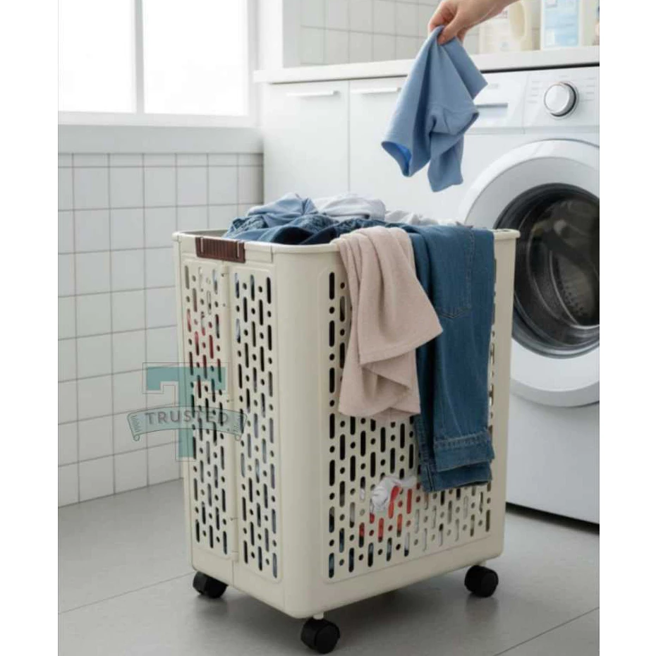 Foto 2 Keranjang Lipat Laundry Plastik Beroda Minimalis Tempat Baju Pakaian Kotor | 001