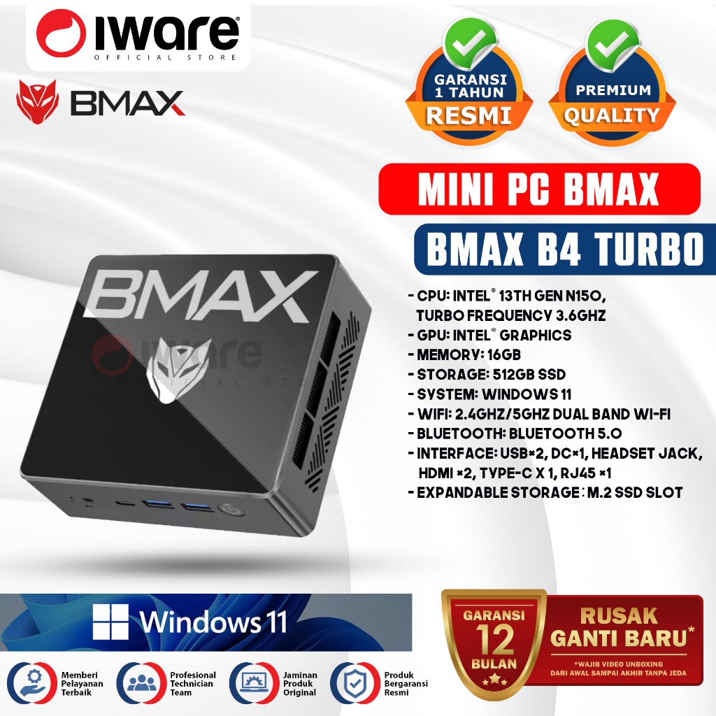 Jual Iware Mini PC Bmax B4 TURBO Intel Twin Lake N150 Gen 13th 16/512GB ...
