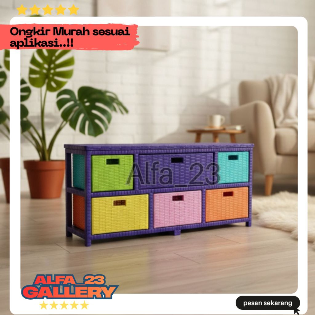 (Ready stok) Meja tv rotan lemari rotan sintetis laci 6 jasmine minimalis modern