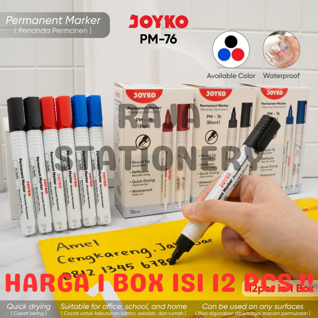Jual JOYKO PERMANENT MARKER ROUND TIP BLACK BLUE RED REFILLABLE ...