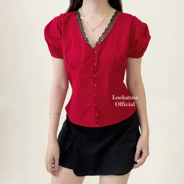MADDIE TOP Atasan Blouse Lace Korean Vintage Look Vneck Short Sleeve Lengan Balon Baju Mewah