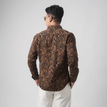 VENGOZ Atasan Kemeja Pria Printing Slim Fit Gold Leaves LS