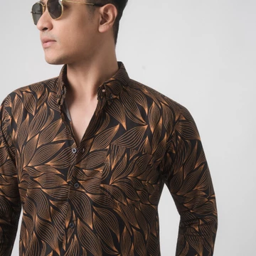 VENGOZ Atasan Kemeja Pria Printing Slim Fit Gold Leaves LS