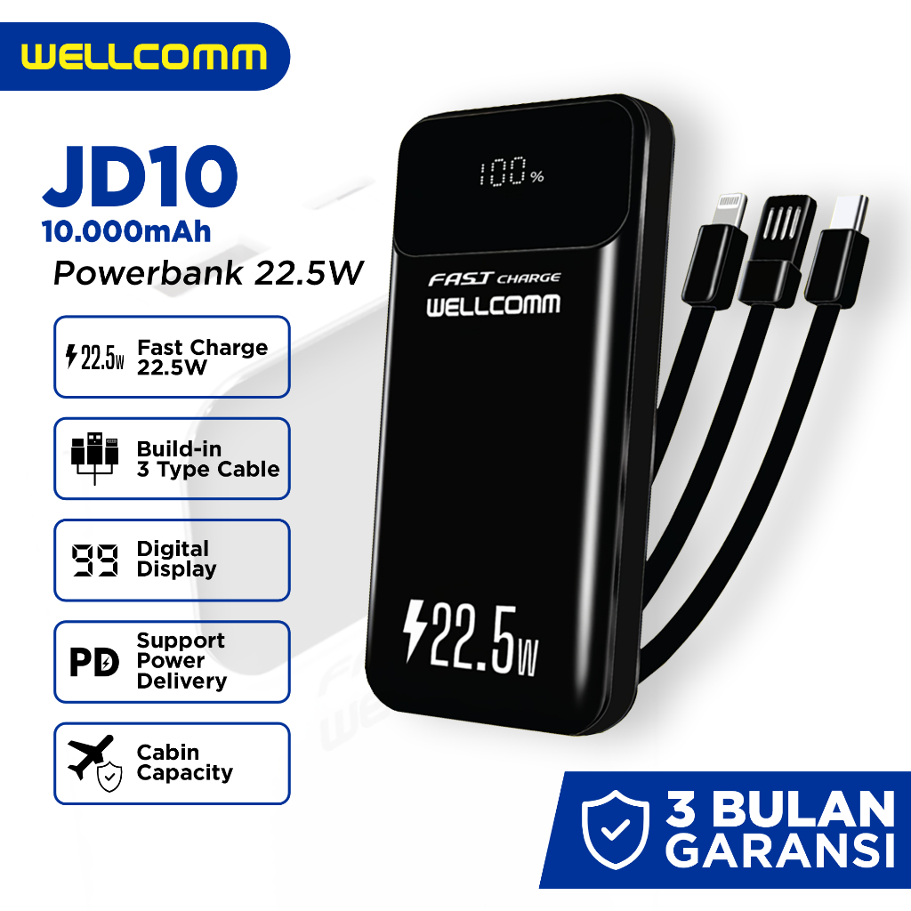 Jual Wellcomm Powerbank 10.000 mAh PD Fast Charge 22.5W Built-in Cable ...