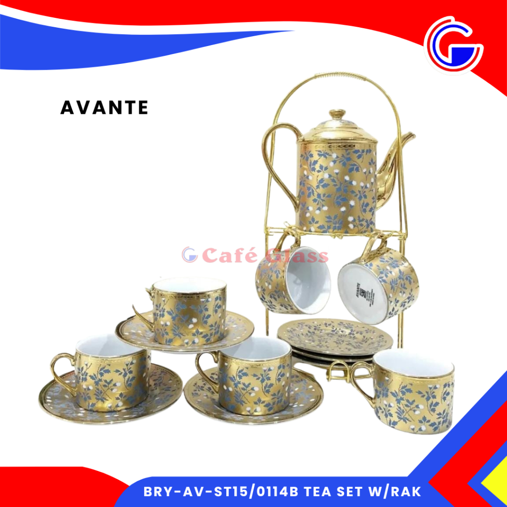Avante Gold Blossoms Tea Set Keramik Rak Besi 6 Cangkir 6 Lepek 1 Teko - Hampers Gift Box Pecah Belah