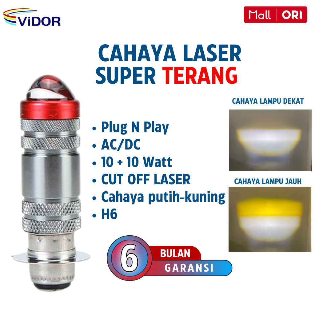 Lampu Utama Motor A8-D2 H6 Laser ViDOR New Edition 2 Warna Putih Kuning Plug & Play Super Terang fokus AC/DC 10+10 Watt untuk motor matic ,motor bebek