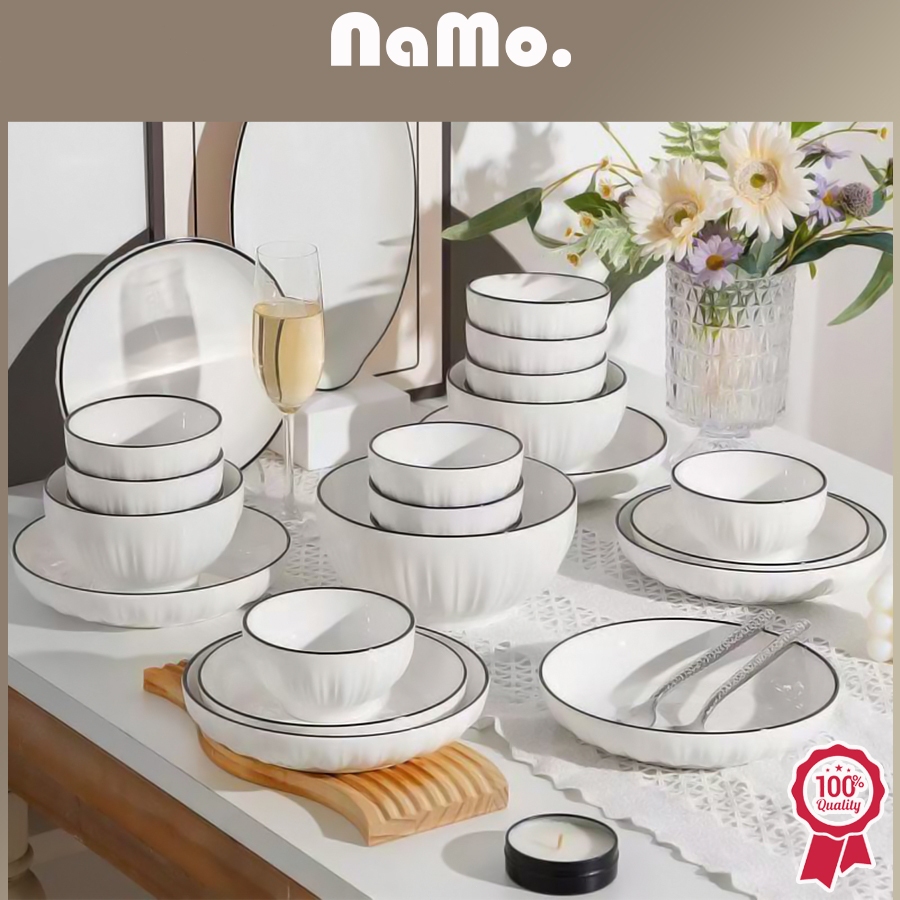 Jual NAMO GIFT - Dinnerware Set Keramik Putih Piring Mangkuk Garis ...