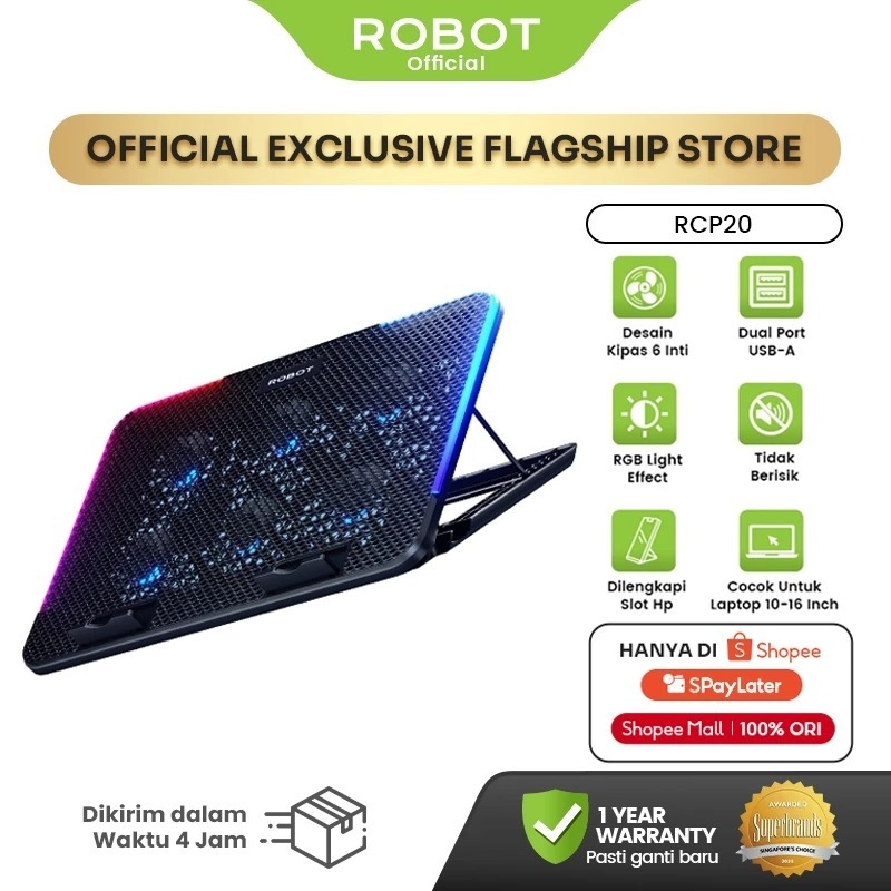 Jual ROBOT RCP20 Laptop Cooling Pad 6 Fan RGB LED USB 2.0 10–16 Inch ...