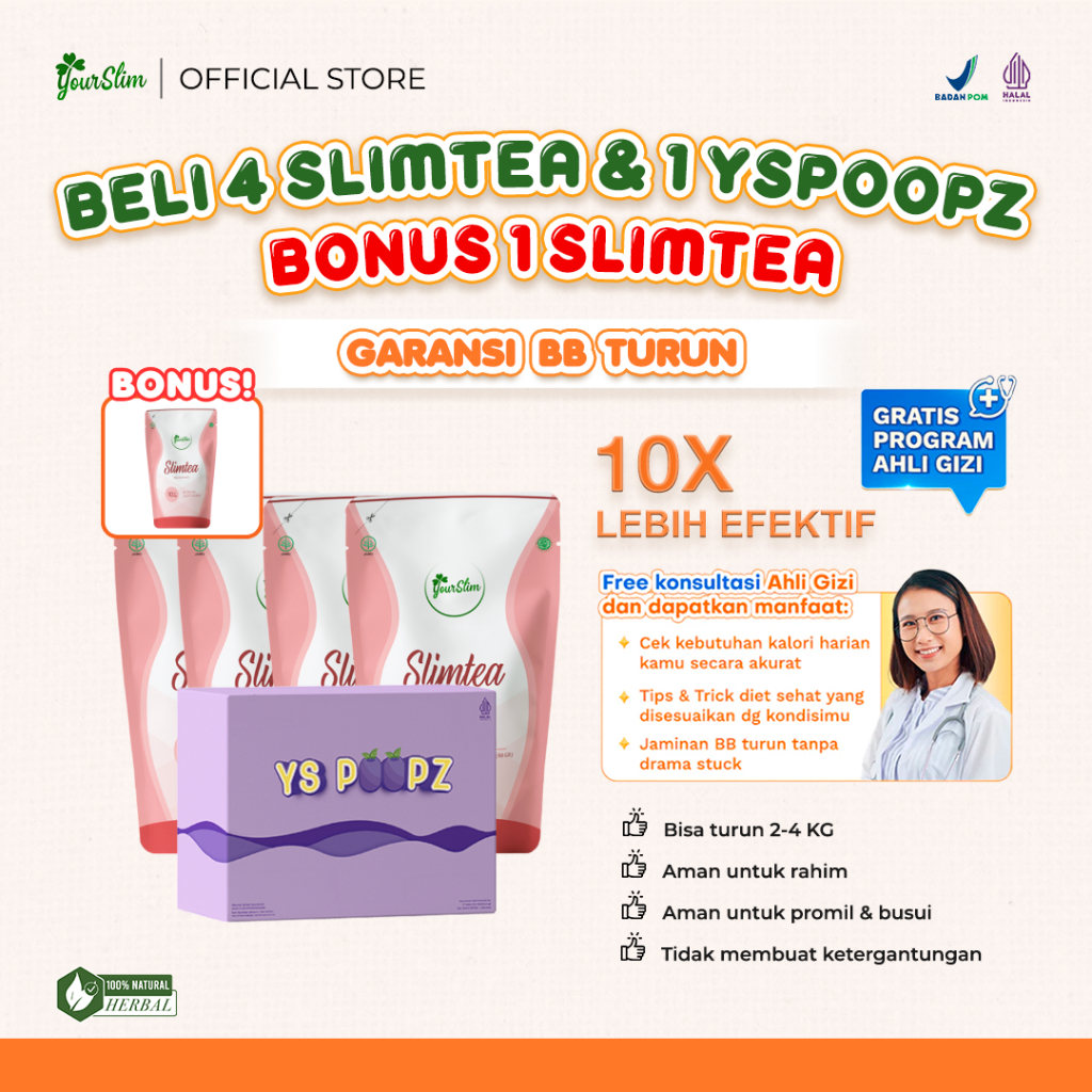 Jual YOURSLIM PAKET HEMAT 1 BOX POOPZ & 4 SLIMTEA | Shopee Indonesia