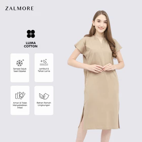 Zalmore Vneck Loose Midi Dress With Slit LUMA Cotton™ Premium Dress Wanita Lembut Ringan Sejuk