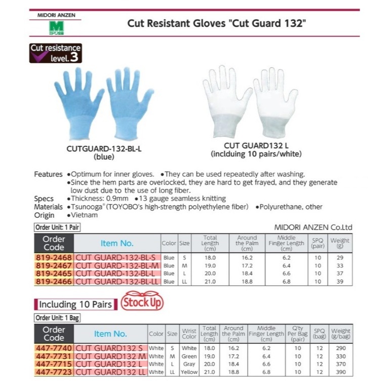 Jual Midori Anzen Cut-Resistant Gloves Level 3 Cut Guard 132, Small (10 ...