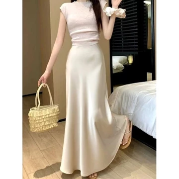 FUJI SATIN Midi Skirt Rok Kerja Kuliah Wanita Rok Wanita Style Forlmal Casual Rok Satin Silk