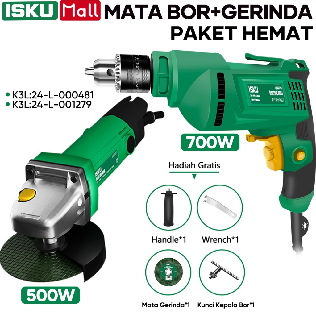ISKU Mesin Bor Listrik 10mm 700W Bolak Balik & Mesin Gerinda Tangan 4 Inch 500W Low Watt Heavy Duty