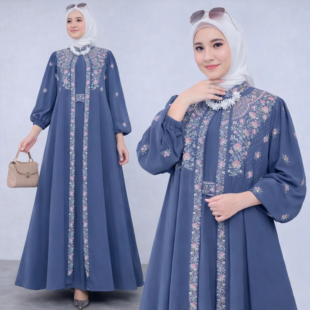 Gamis Muslim Wanita Ceruty Babydoll Mix Bordir Lebaran Kondangan tampilan anggun