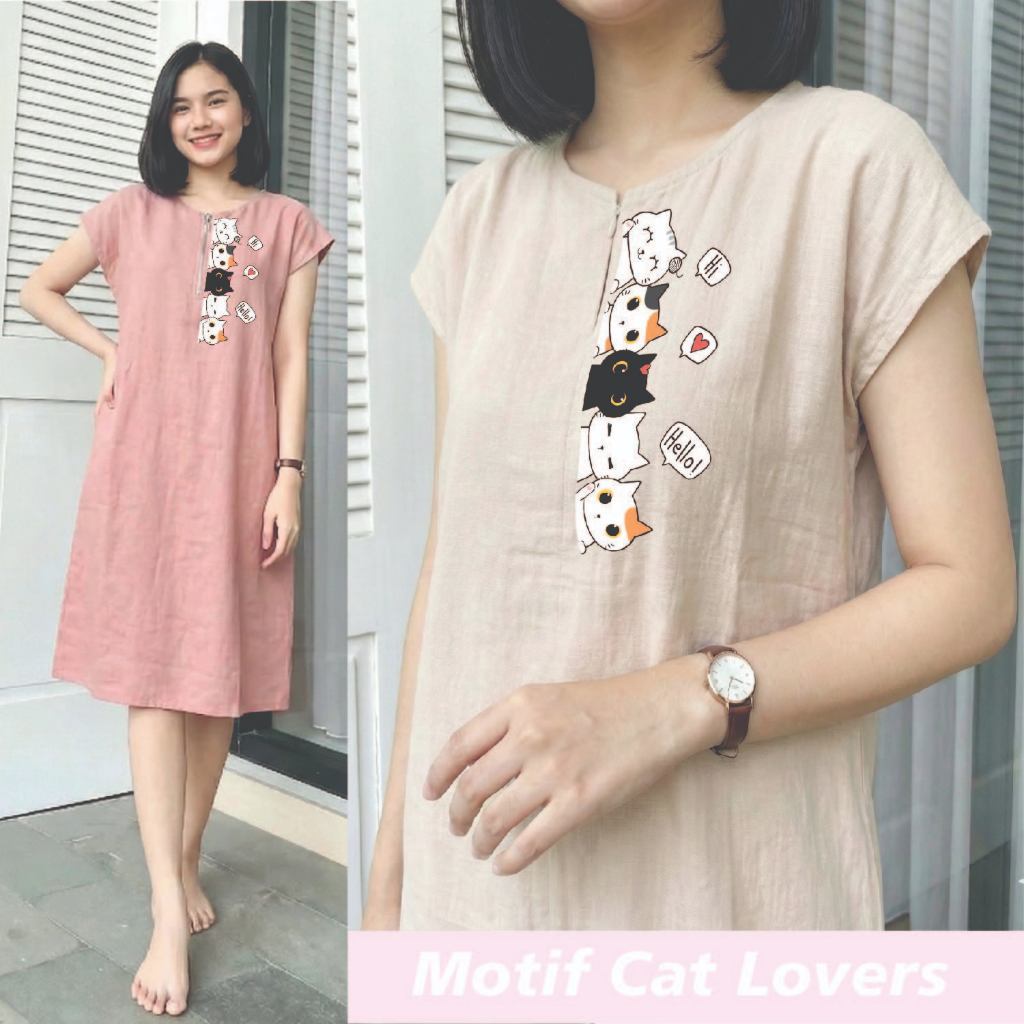 Dress Daster Motif Cat Lovers Terlaris Midi Bahan Rayon Cantik Kekinian dan Dress Terbaru | Dress Viral