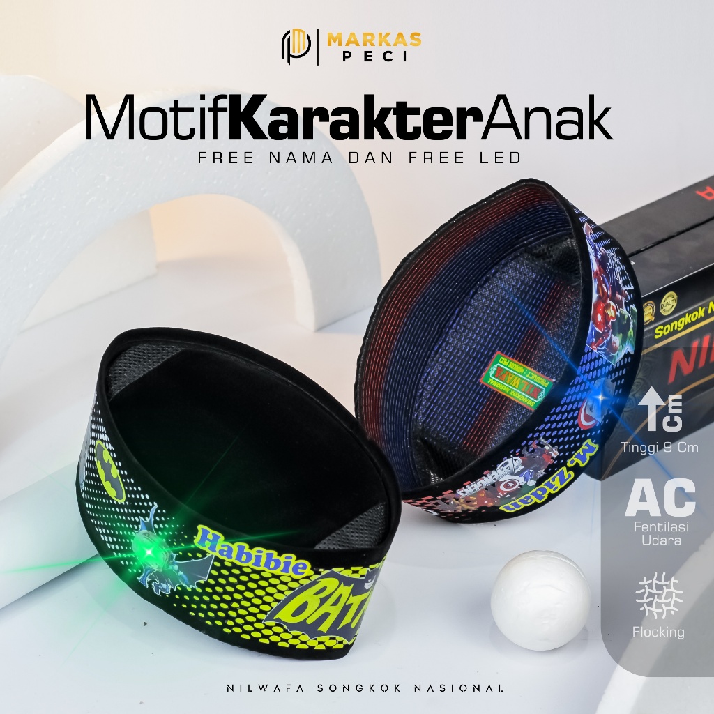 Jual Peci Songkok Kopyah Hitam Gratis Nama Motif Karakter Anak LED ...