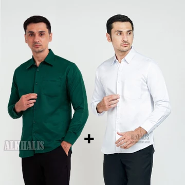 Paket 2 Pcs Cuma 90Ribu Kemeja Pria Premium Polos Lengan Panjang Baju Kerja Slimfit Hitam Putih