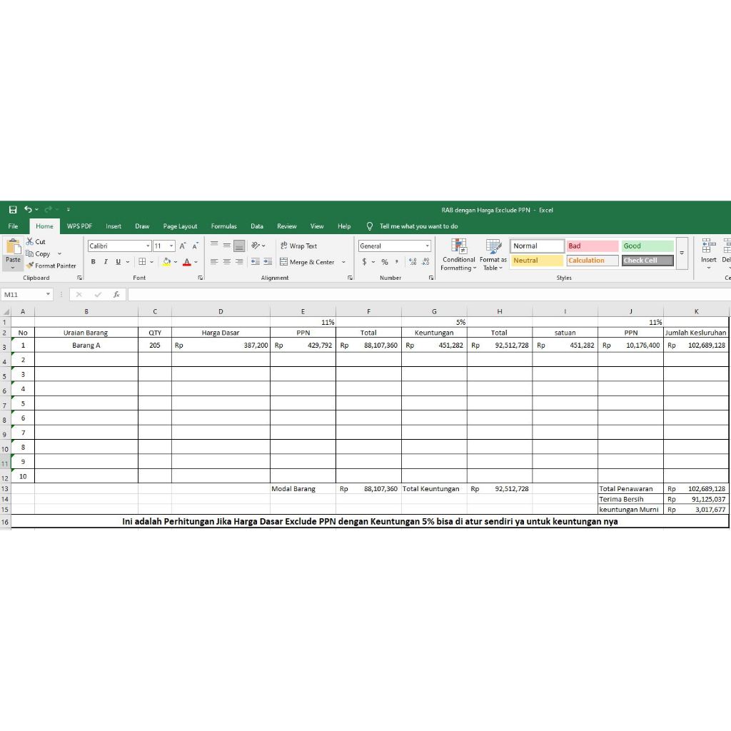 Jual Template RAB Penawaran + Laba & PPN 11% (Praktis & Akurat ...