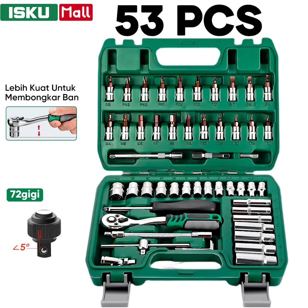 ISKU Kunci Sok Set 53pcs Kunci Shock Set Lengkap Kunci Mata Sok 53 PCS Set Socket (1/4 ") Full TOOL KIT 20PCS Kunci Mata Shock Dan 21pcs Drill Bit