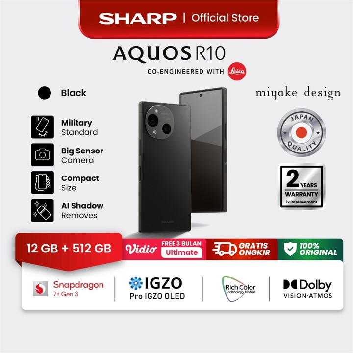 SHARP AQUOS R10 | 12/512 GB | Black Color | Snapdragon 7+ Gen 3 | 5000 mAh | Pro