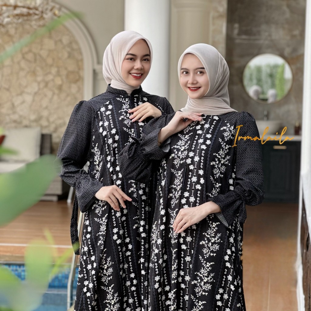 Ellara Dress Gamis Wanita Rayon Motif Mix Rayon Jaguard Lembut Adem Nyaman Daily Bumil dan Busui Friendly By Irmalaila