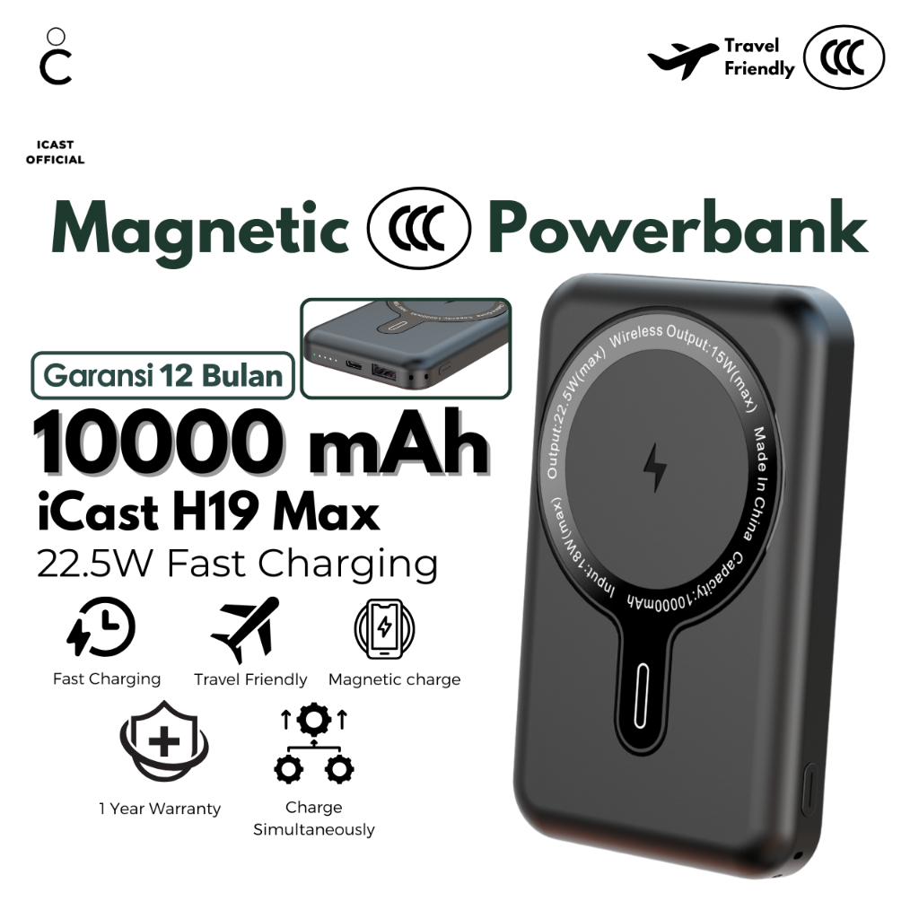 Jual iCast CCC Powerbank Magnet 10000mAh H19 Max Fast Charging 22.5W PD ...